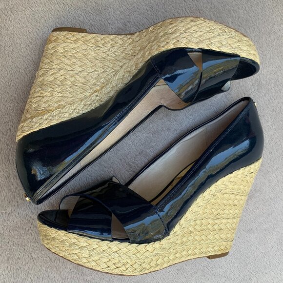 MICHAEL Michael Kors Navy Blue Leather Patent Espadrille Wedges Sz8 - Picture 11 of 16